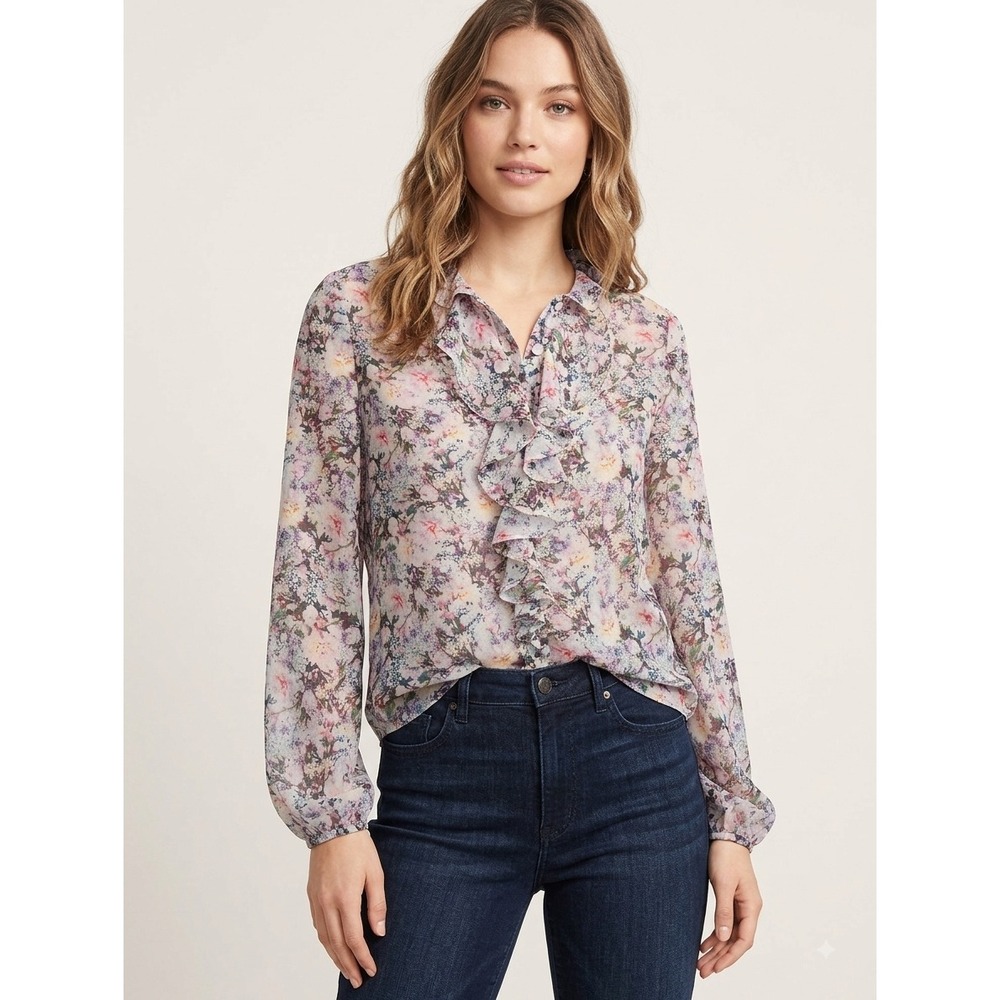 Cabi Secret Garden Blouse Floral Ruffle V-Neck Chiffon Top Purple White Medium